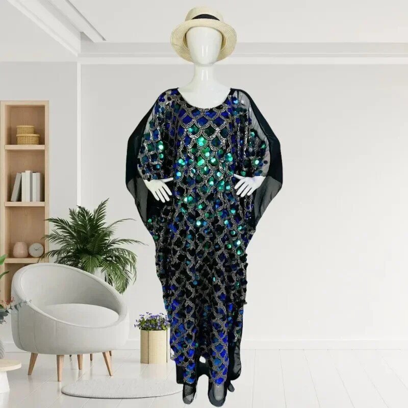Sequin African Plus Size Dresses for Women Spring Summer African Long Sleeve Round Neck Long Maxi Dress Gowns African Clothing