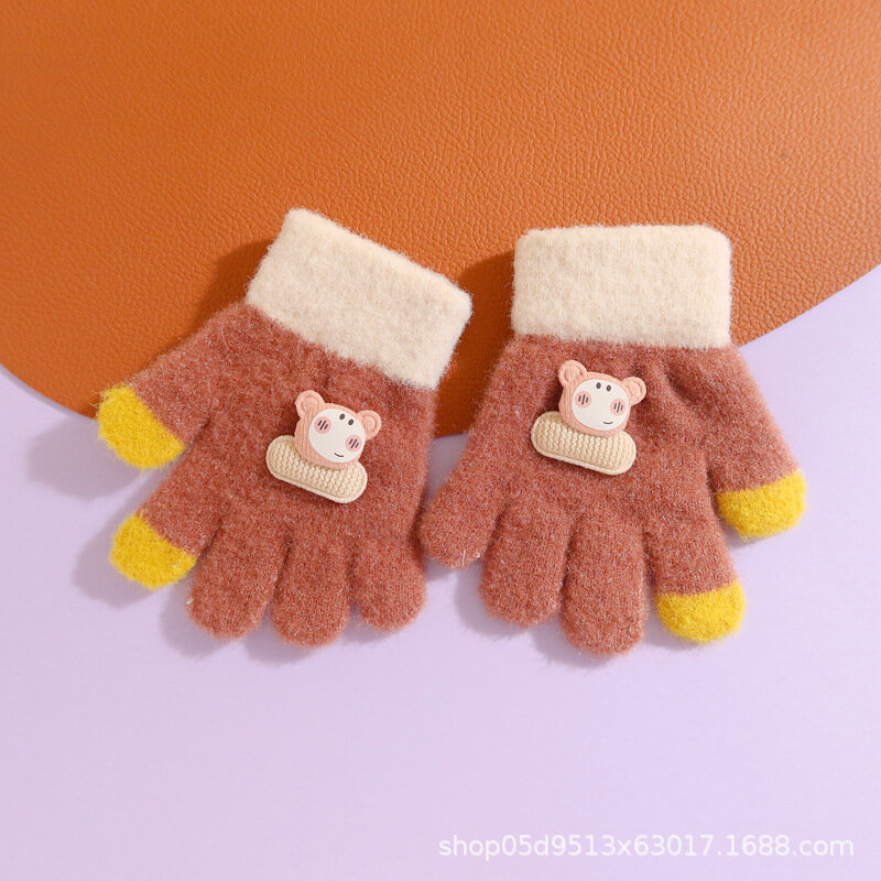 Guantes de lana de punto para niños y niñas, manoplas cálidas de dedo completo, oso de dibujos animados, lindo, Invierno
