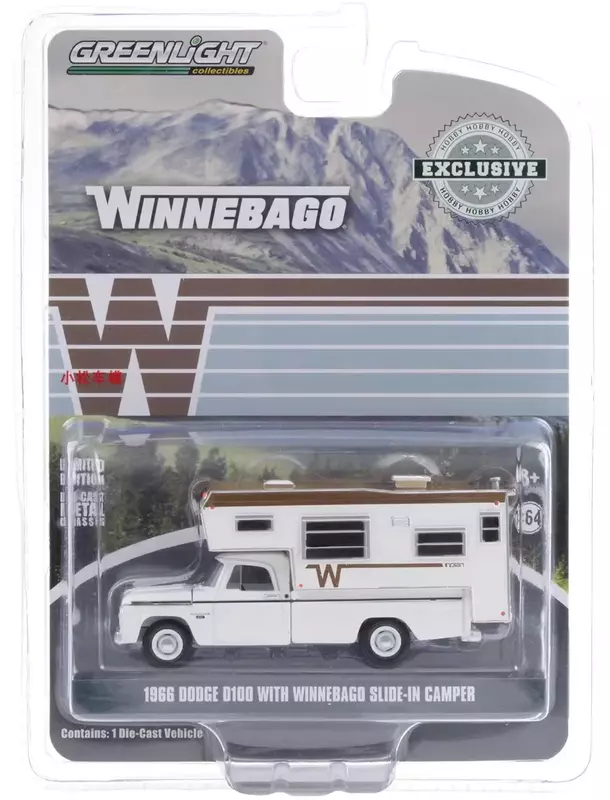 1:64 1966 Dodge D100 dengan Winnebago Slide-IN Camper Diecast Model Metal Alloy mainan mobil untuk koleksi hadiah W1338