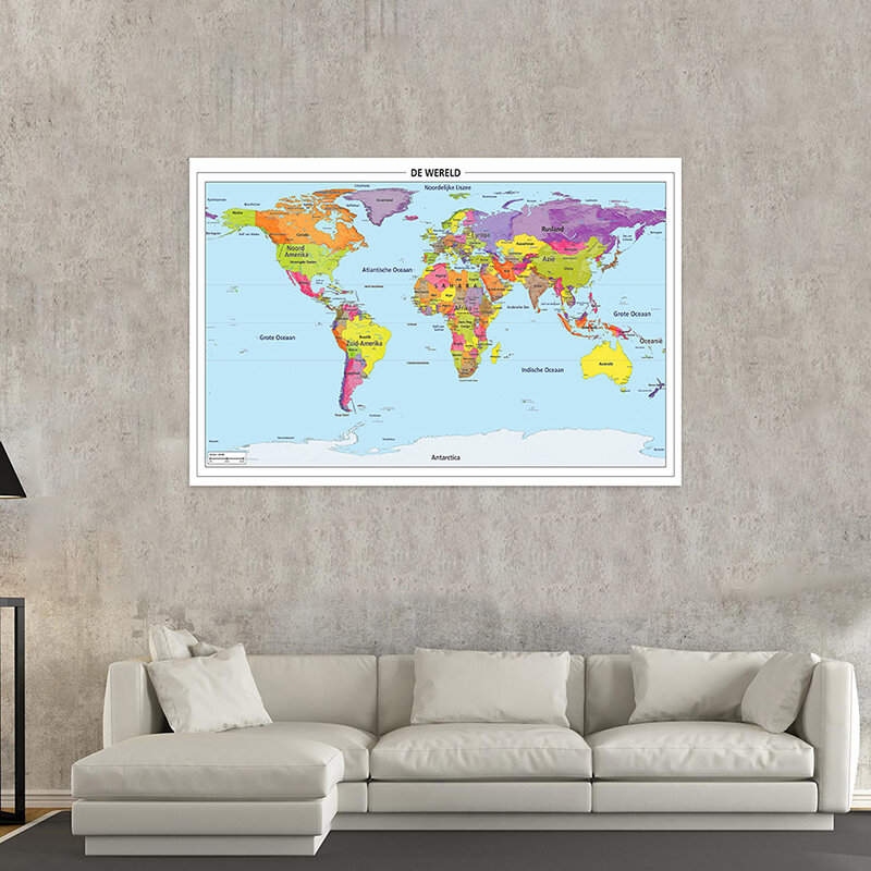 Mapa del mundo en holandés de 150x100cm, póster detallado, lienzo no tejido, arte de pared, imagen, oficina, decoración del hogar, suministros escolares