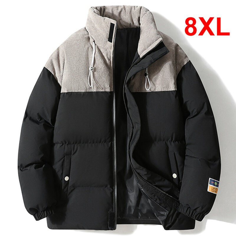 เสื้อคลุมกันหนาวบุนวมหนาสำหรับผู้ชาย, เสื้อโค้ทแฟชั่น8XL เย็บปะต่อเสื้อคลุม8XL ไซส์ใหญ่
