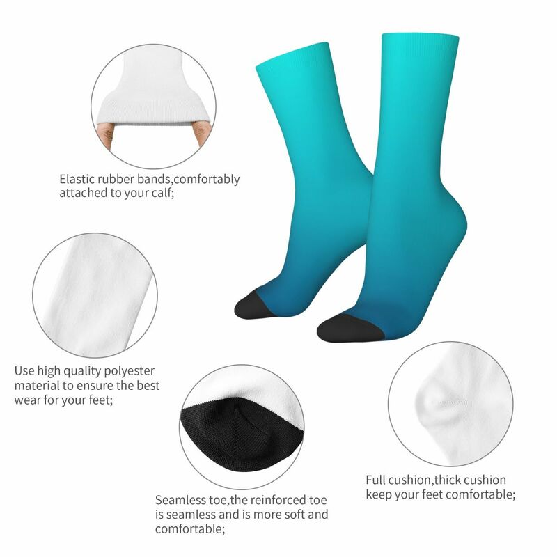 ถุงเท้ายาวพิมพ์ลายสำหรับผู้ชายและผู้หญิงถุงเท้ายาวพิมพ์ลายศิลปะสีพื้นสีน้ำเงินอมเทอร์ควอยซ์