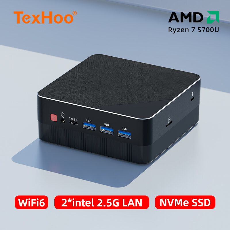 TexHoo-Four Display Mini PC, AMD Ryzen 7 5800U, 5500U, Pocket Dual DP, HDMI-MI, LAN, Tipo-C, Wi-Fi 6, DDR4, 16GB, 1TB, NVMe