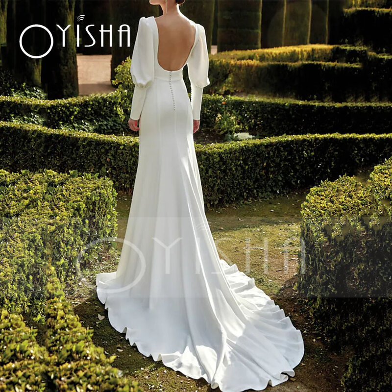OYISHA – robe de mariée sirène en Satin, élégante, balayage traîne, manches longues, Sexy, décolleté en v profond avec fente sur le devant, dos nu, 2023