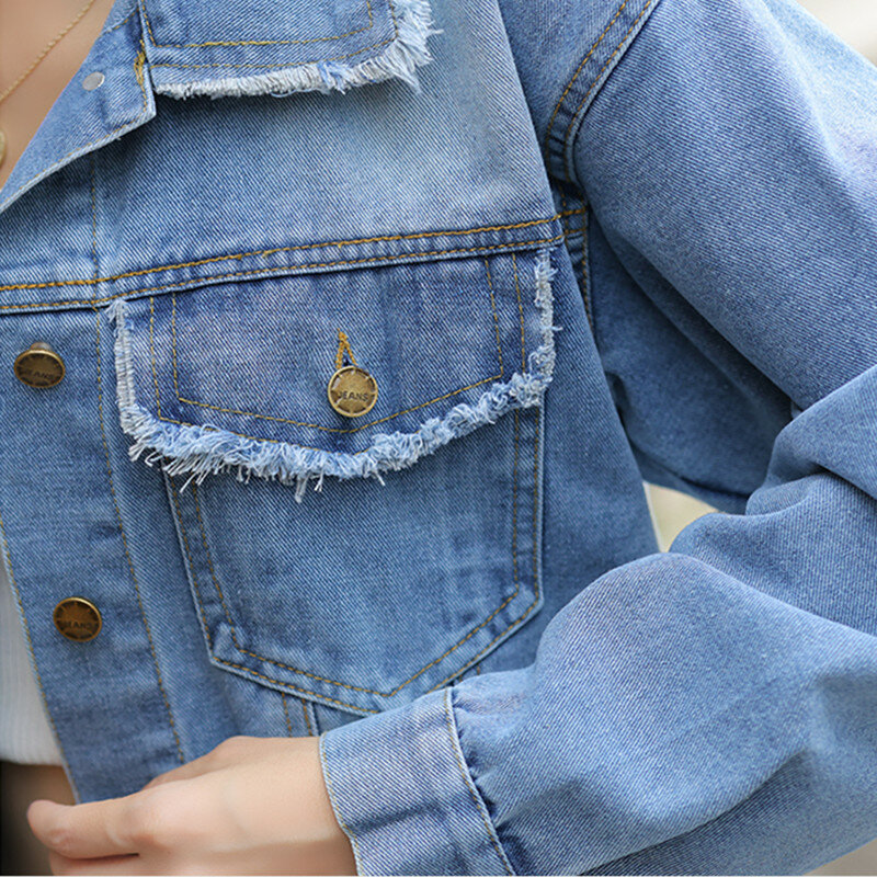 Mantel Jeans biru muda wanita, atasan Denim lengan panjang Retro gaya Korea longgar desain 2024
