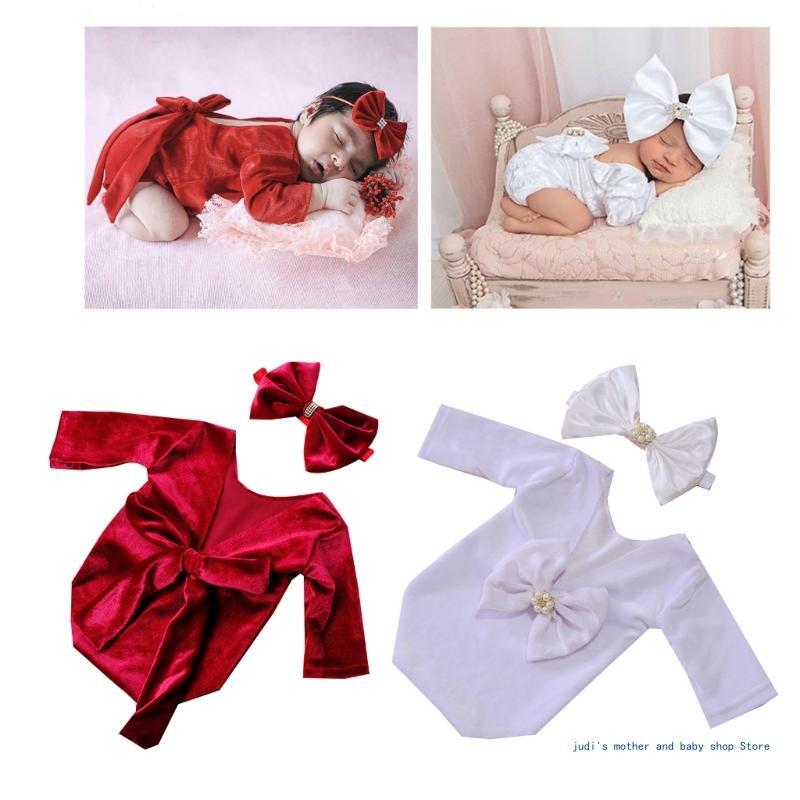67JC Baby Photo Clothing Princess Long Jumpsuit Bow Headdress Newborns Photo Romper Infant Party Wear Photoshoot Accessories
