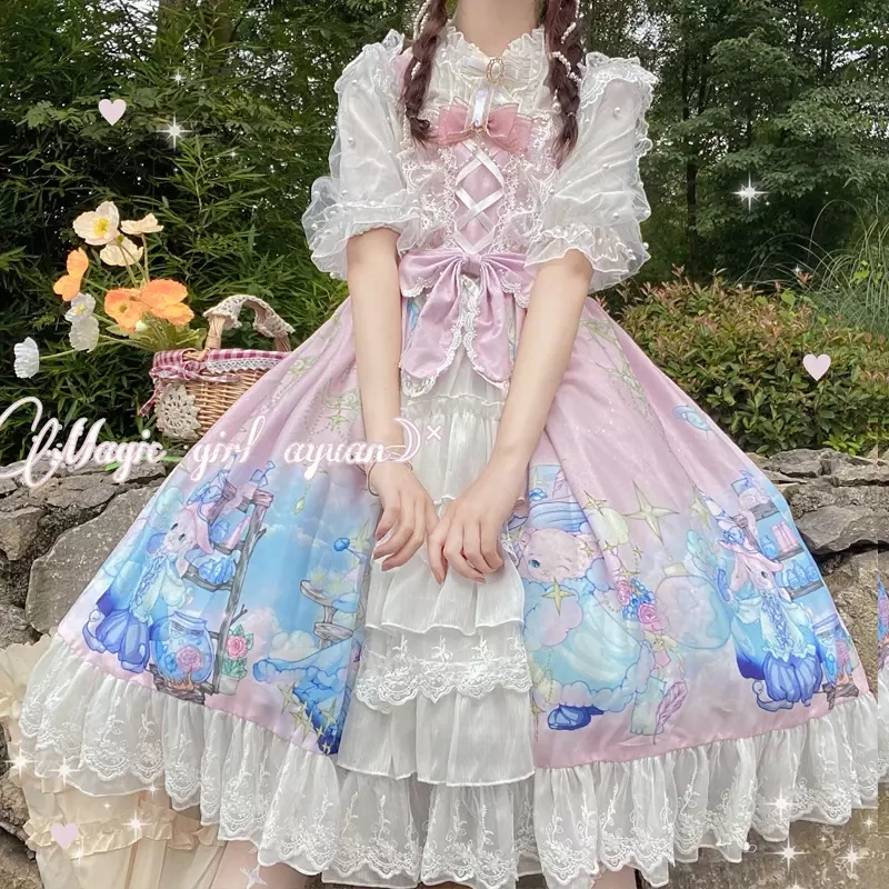 Styl Lolita sukienka Jsk kobiety japonia sen Cosplay elegancka koronka imprezowa sukienka dziewczęca Retro sukienki bez rękawów z kreskówki Victoria
