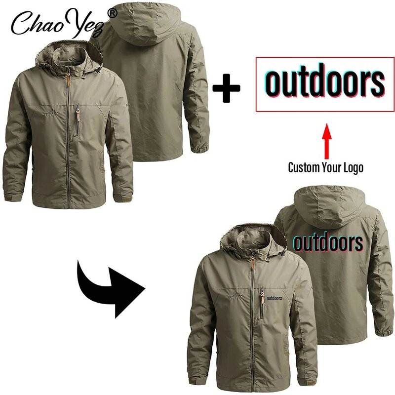 Blusão de logotipo personalizado masculino, casacos de bricolage, casacos, casaco impermeável, capuz para escalada, camping, pesca, roupas masculinas