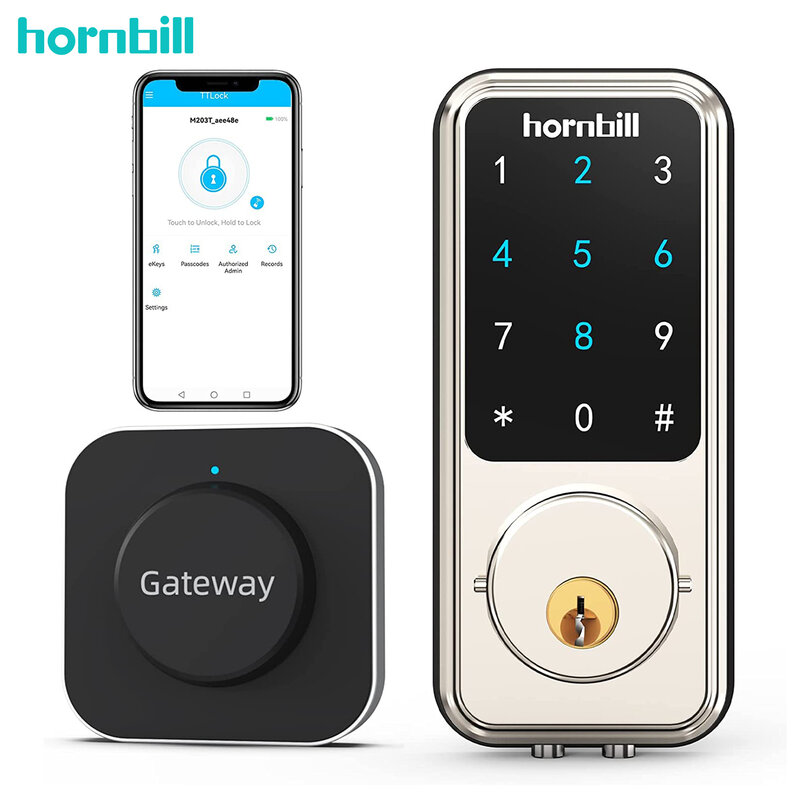 Hornbill-Serrure de porte à pêne dormant intelligente, télécommande électronique avec passerelle, hub WiFi TTLock, entrée sans clé, serrures avant pour coffre-fort à domicile