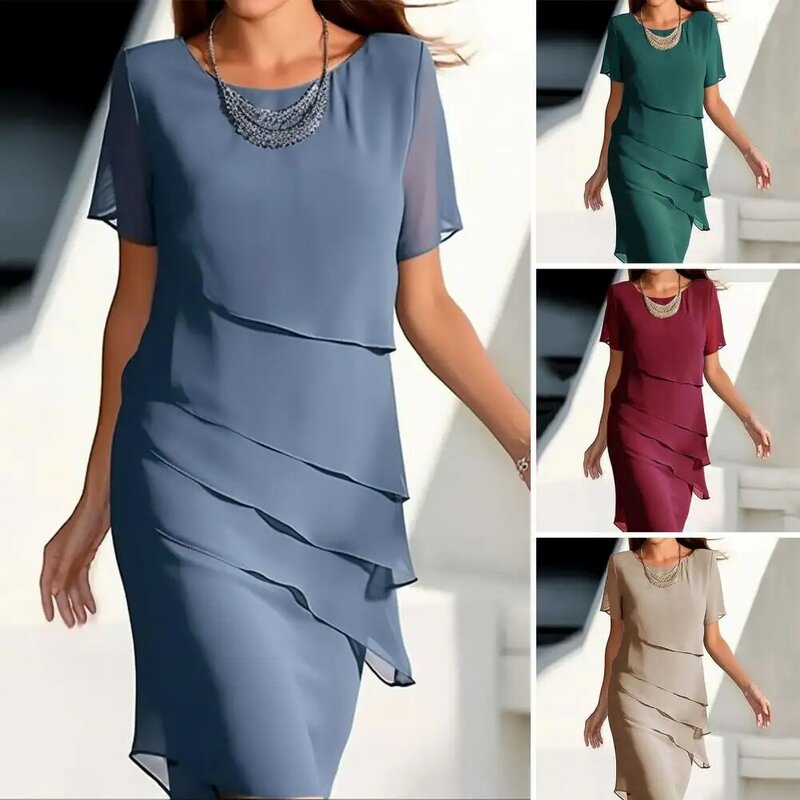 Ladies Chiffon Dress Elegant Chiffon Midi Dress for Women Solid Color Pleated Evening Party Dress with Short for Vacation