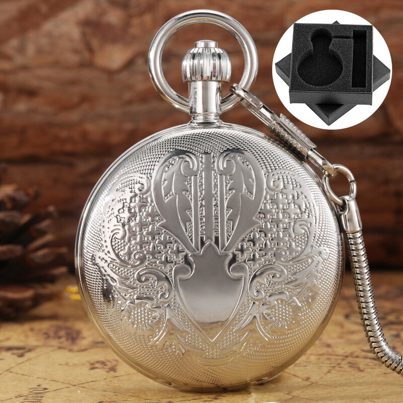 Exquisite Shield Silver Pure Copper Men's Self-Wind Mechanical Pocket Watch Arabic Numerals Dial Antique Gentlemen Pocket Clock