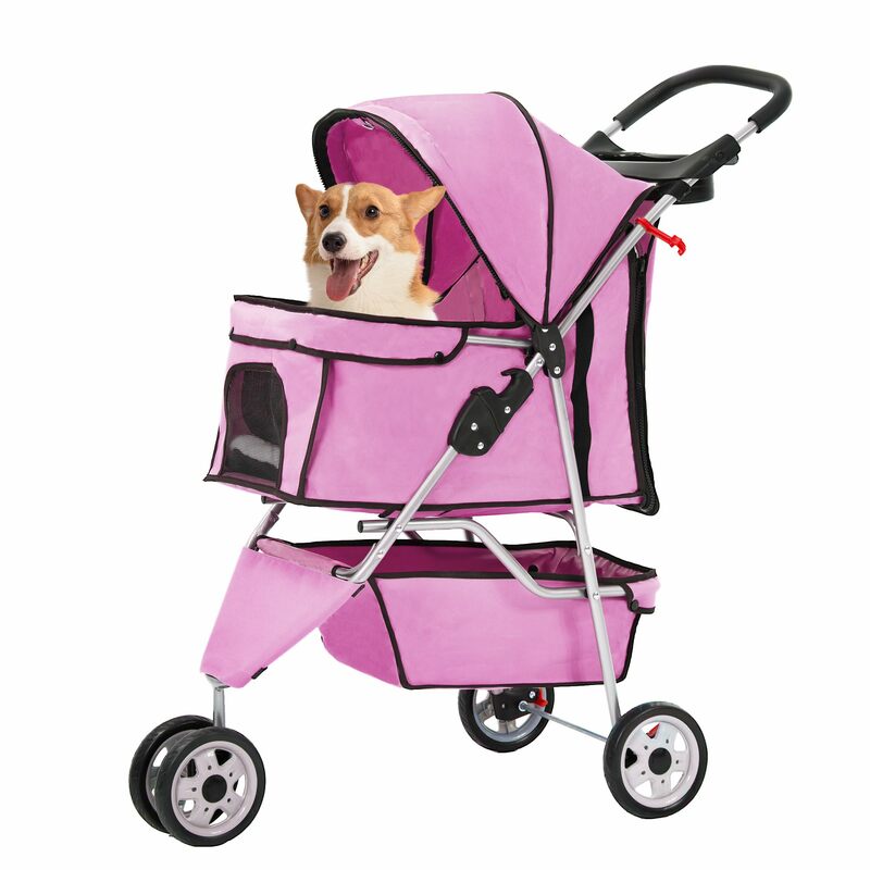 Dobrável Pet Walk Dog Stroller, Cat Jogger com Cesta de Armazenamento e Suporte para Copo, Bonito Rosa, 3 Rodas