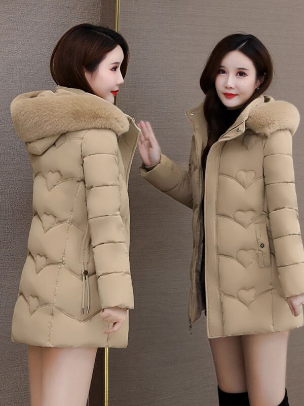 여성용 긴 소매 대형 모피 칼라 지퍼 후드 파카, 중간 길이, 두껍고 따뜻한 코튼 패딩 재킷 코트, 2023 겨울