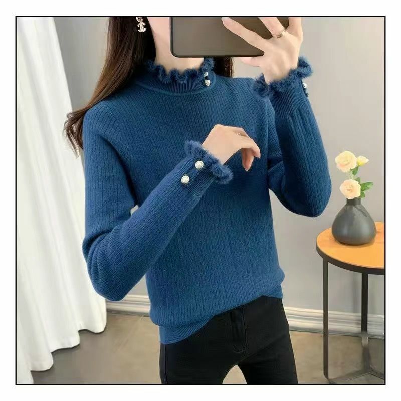 Women's Long Sleeved Top 2024 Autumn and Winter New Solid Button Half High Collar  Underlay Knitted Pullover B482