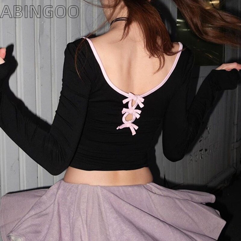 Abongoo solidna rosa motylkowa z tyłu bielizna z kwadratowym dekoltem z długim rękawem Slim Fit słodka pikantna dziewczyna Y2K t-shirt krótki Top