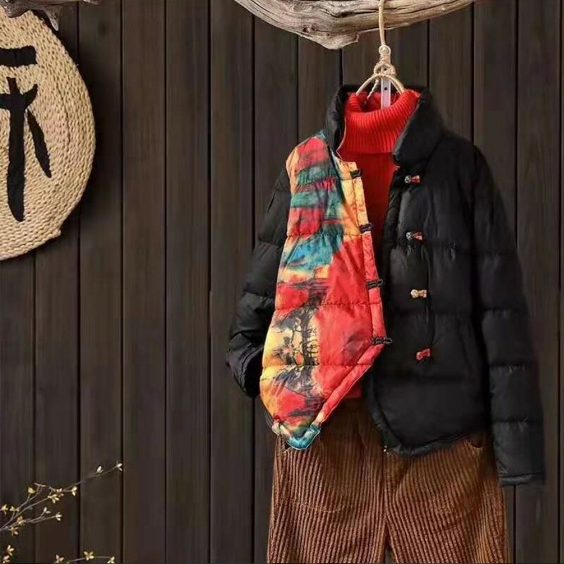 레트로 중국 스타일 버클 프린트 다운 재킷, 가을 겨울 여성 의류, 가볍고 얇은 화이트 덕 다운 코트, 레이디 짧은 따뜻한 파카