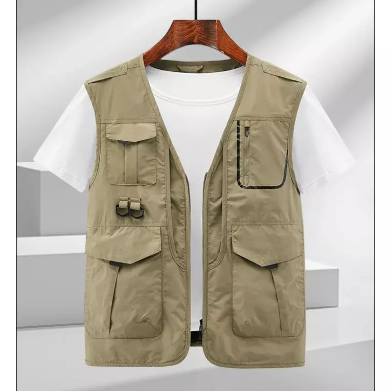 Jaqueta impermeável sem mangas multi-bolso masculina, coletes de couro vintage, blusão, tático roupas de luxo, trabalho com zip