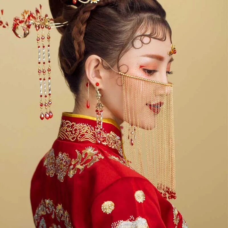 Cortina de rosto pendurada estilo chinês para mulheres, capa hanfu, tiaras de princesa, acessórios de joias, borla longa, trepidante, vintage, festa