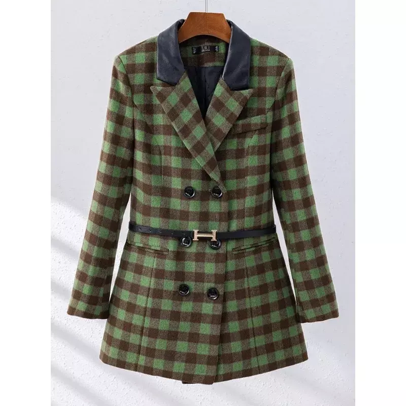 여성용 캐주얼 블레이저, 여성용 핑크 살구색, 녹색 격자 무늬 긴팔, 트리플 브레스티드 작업복 재킷 코트, 가을, 겨울