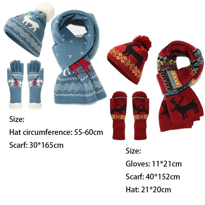 Conjunto de guantes de bufanda de sombrero de Navidad cálido, protección contra el frío de punto, guantes de pantalla táctil de Navidad, Invierno