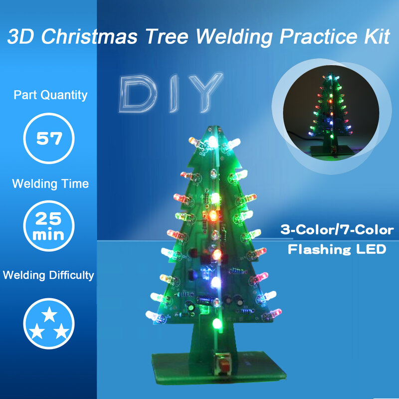DWC-DIY Eletrônica Kit, Árvore de Natal 3D, Soldering Practice, Ciência Eletrônica, Kit Montagem, 3 cores, 7 cores, LED piscando, PCB