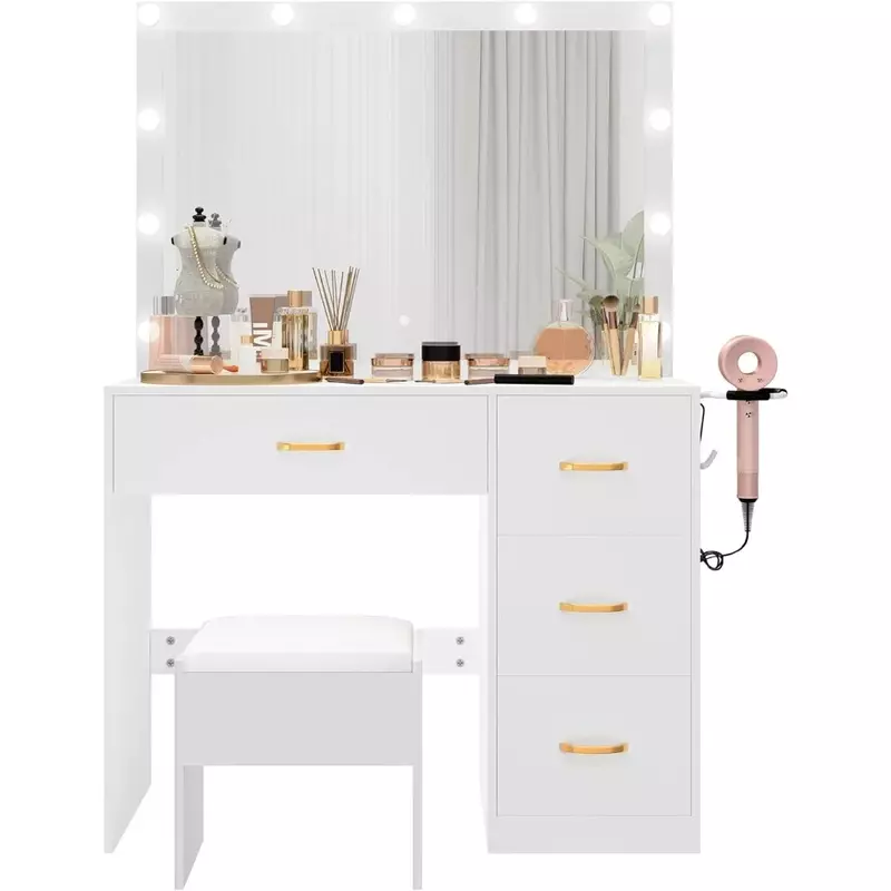 Pérola Branca Maquiagem Vanity Desk Set, 3 Cores Modos de Iluminação, Mesa de maquiagem, Grande espelho iluminado, Móveis
