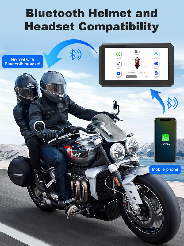 Impermeável motocicleta BT Touch Screen Display, navegação GPS portátil, sem fio Apple Carplay, Android Auto IPX7Waterproof, 7"