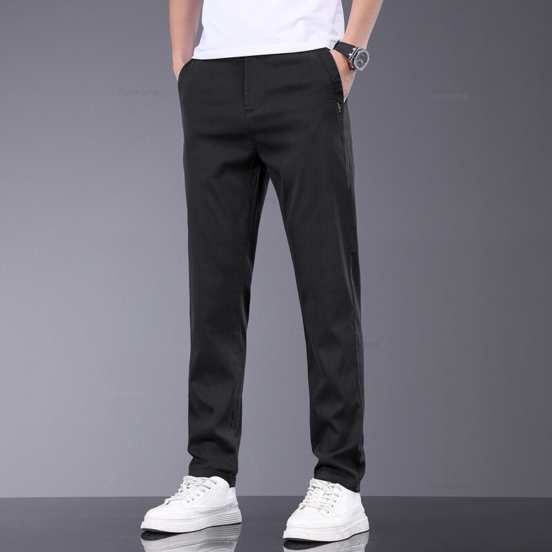 Summer Ultra-thin Men's Lyocell Casual Pants Breathable Soft Ice Silk Elastic Straight Business Trousers Black Gray
