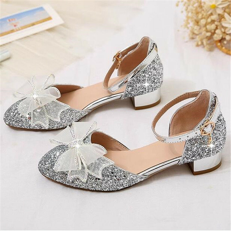 Сандалии для девочек, летняя обувь с кристаллами, модная обувь на высоком каблуке для девочек