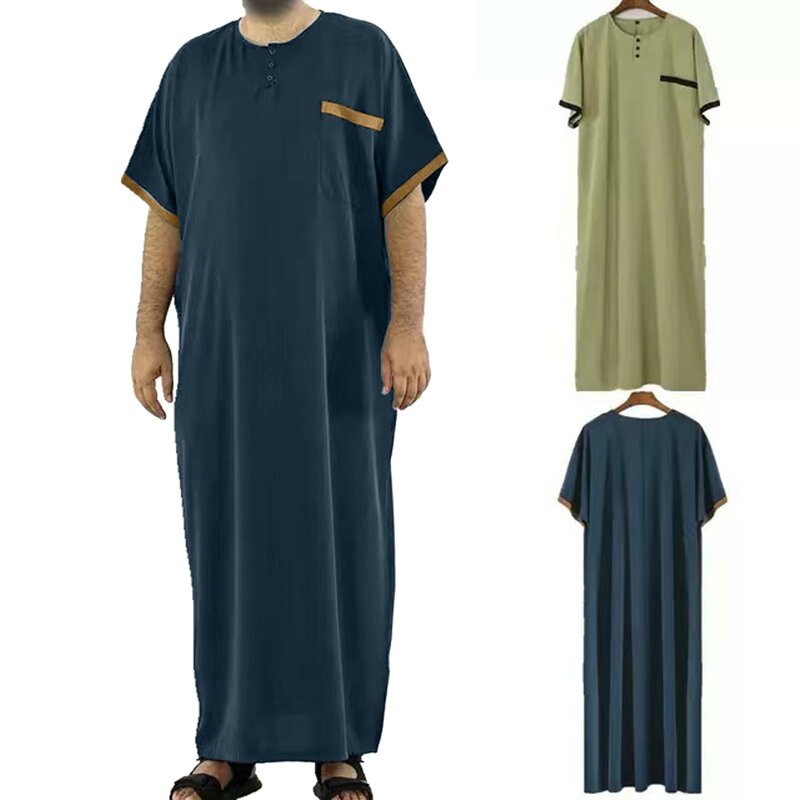 Men Fashion Long Robes Short Sleeve Round Neck Robe Man Vintage Solid Color Muslim Kaftan With Pocket Casual Jubba Thobe