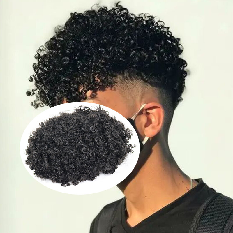 Rambut palsu pria 12MM rambut manusia pengganti rambut keriting Wig pria sistem Unit rambut palsu hitam alami