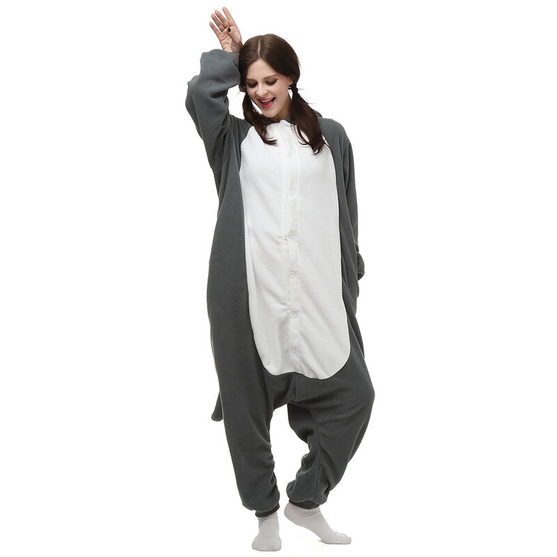 Grey Wolf Animal Kigurumi Jumpsuit Adult Long Sleeved Pajamas Halloween Festival Party Costume Women's Hooded Flannel Sleepwear