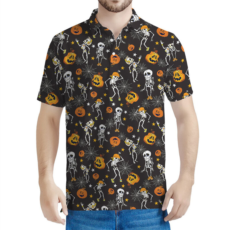 Polo con patrón de esqueleto de baile para hombre, camiseta de manga corta con estampado 3D de Halloween, Tops de solapa geniales, camiseta con botones