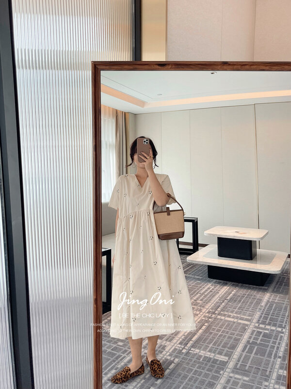 Vestido bordado para mulher, longo robe de praia, roupa vintage floral, manga curta, estilo elegante, moda coreana, verão, 2023