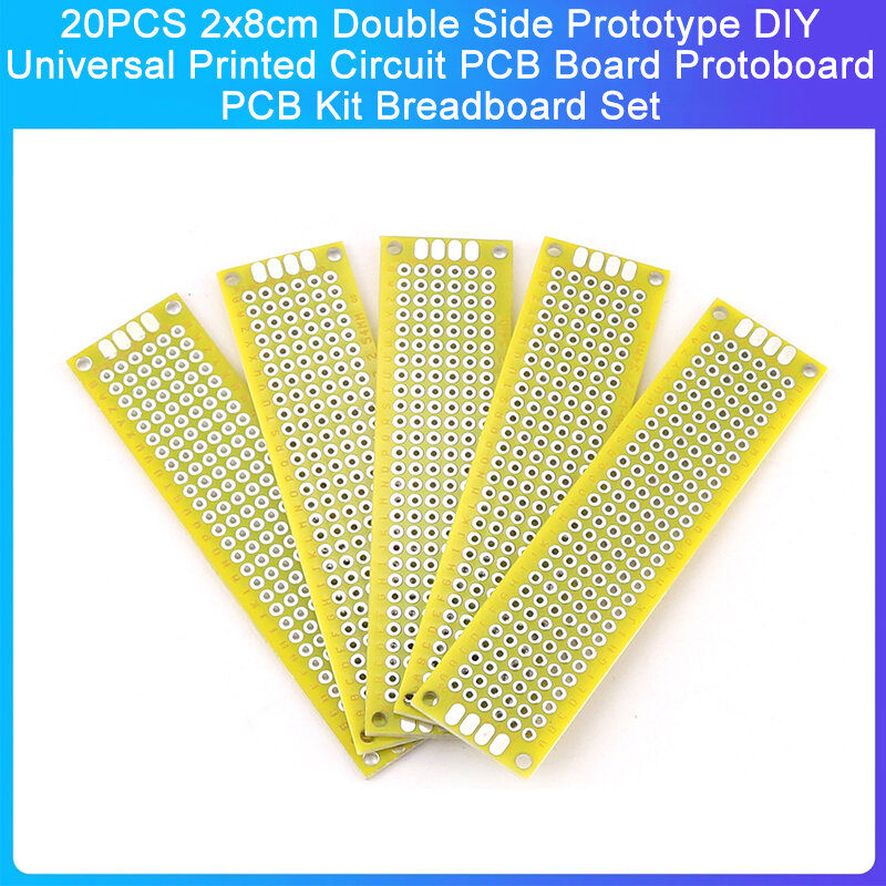 20 buah kuning 2x8cm sisi ganda prototipe DIY papan sirkuit cetak Universal PCB Protoboard Kit PCB Set papan roti