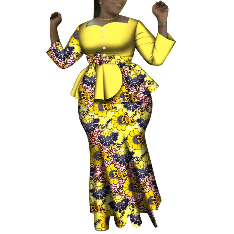 Conjuntos de saia africana dashiki de 2 peças para mulheres, tops e conjuntos de saia maxi, roupas de casamento, wy6635