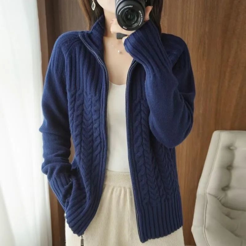 2024 Autumn New Knitted Sweater Cardigan Women's Stand-up Collar Loose Slim Thin Spring Student Sweater Jacket Female Tops W20