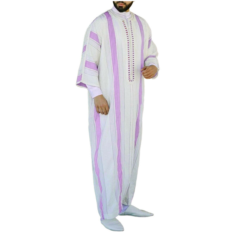 Busana pria jubah Muslim bordir bergaris mewah kaus kasual longgar setengah lengan jubah Muslim Arab Saudi Timur Tengah