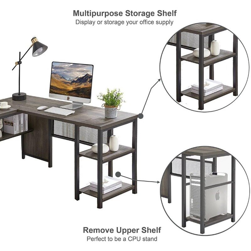L Shaped Computer Desk, Industrial Home Office Desk with Shelves, Rustic Wood and Metal Corner Desk (Walnut Brown, 59 Inch)