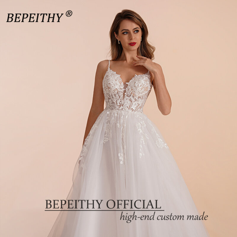 BEPEITHY Boho Ivory Line koronkowe suknie ślubne dla panny młodej kobiety 2023 bez rękawów piętro długość Sexy ogród biała suknia ślubna nowy