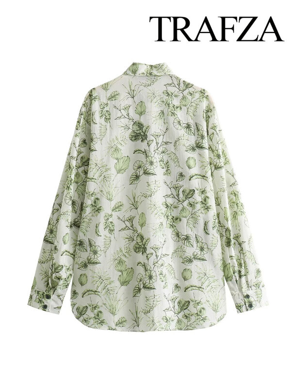 TRAFZA moda donna verde chiaro stampa risvolto tasca monopetto decorare camicia causale Top donna manica lunga camicette Vintage
