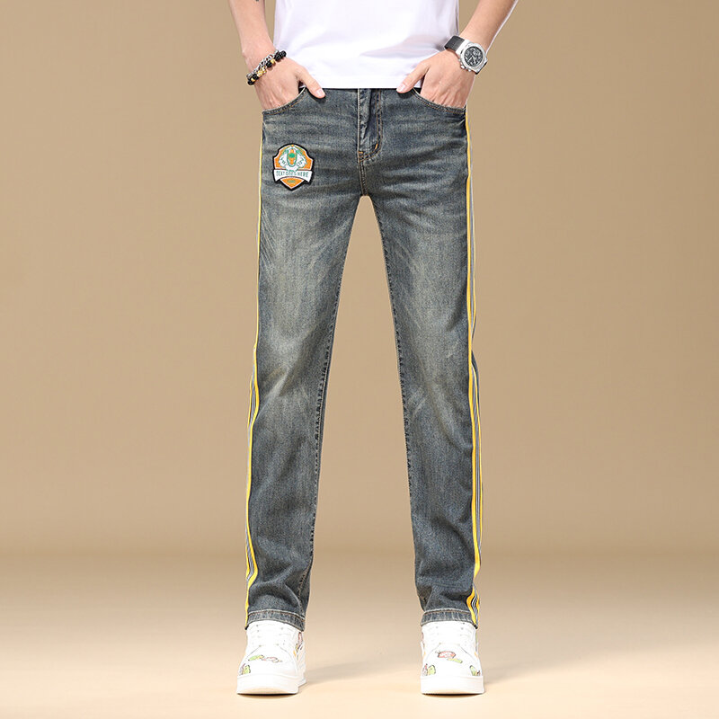 Pantalones vaqueros de pierna recta lavados con bordado de rayas laterales para hombre, pantalones casuales de alta gama, moda de lujo ligera, 2024