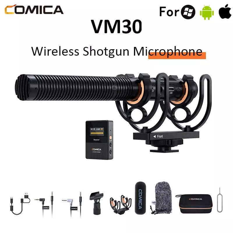 Comica-Microfone Condensador Sem Fio, Microfone Supercardioide Shotgun, CVM-VM30, 2.4G, Controle de Ganho, Transmissão 100m para Câmera