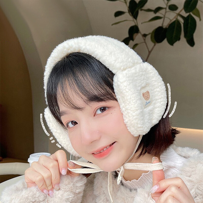 Cute Bear Warm Ear Muffs Winter Anti-freezing Ear Warmer Cycling Windproof Cold Ear Cover Non-slip With Tie Rope