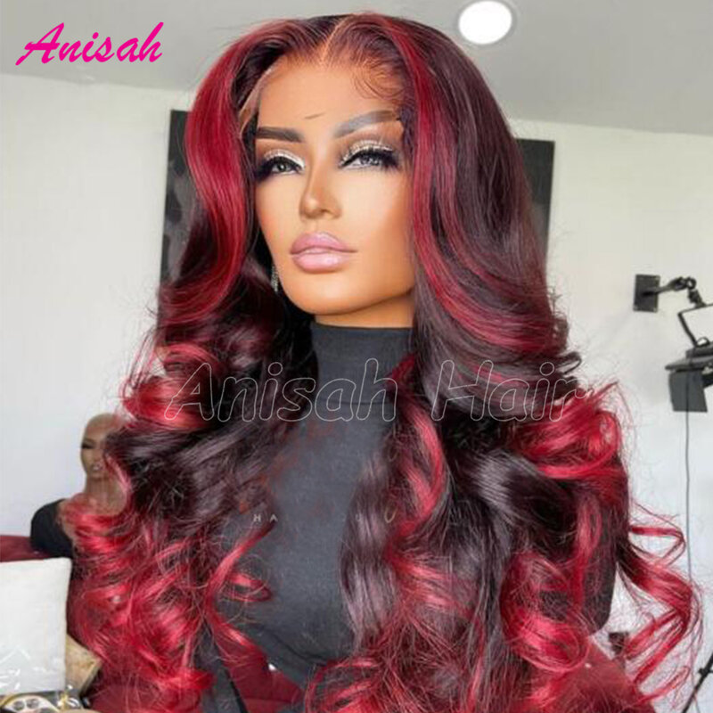 Pelucas frontales de encaje resaltado rojo y negro para mujeres, cabello humano prearrancado, HD, pelucas frontales de encaje, ombré, color rojo, onda corporal