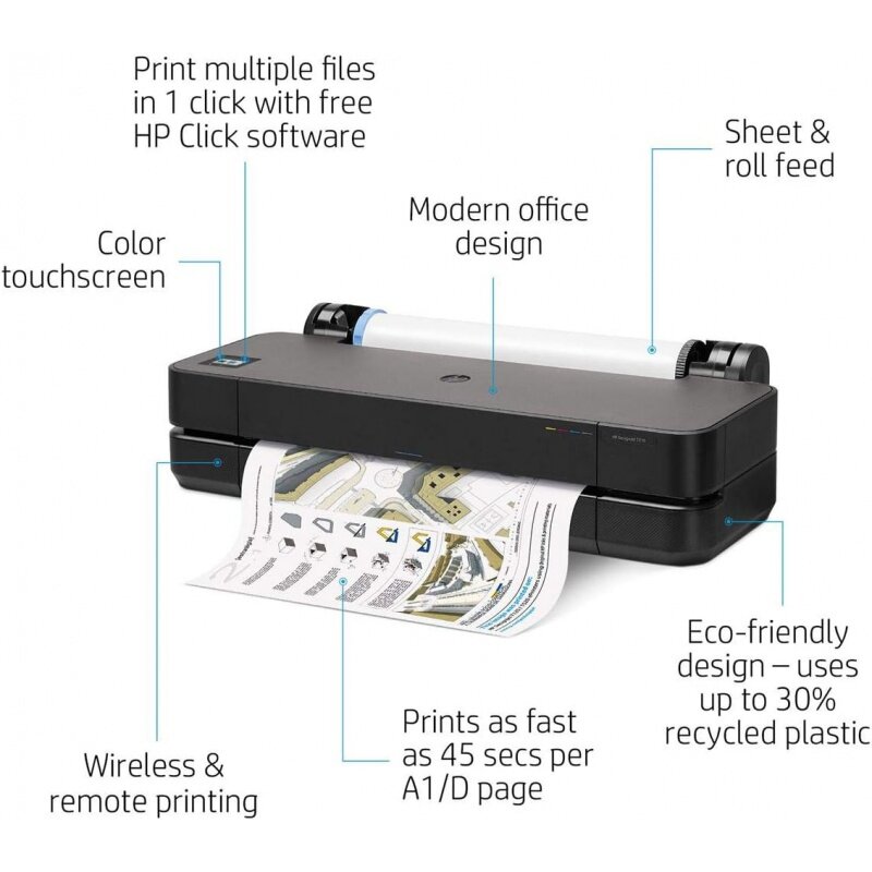 HP-impresora trazadora de Color DesignJet T210, dispositivo de gran formato de 24 pulgadas, incluye paquete de cuidado de garantía de 2 años (8AG32H), Color negro