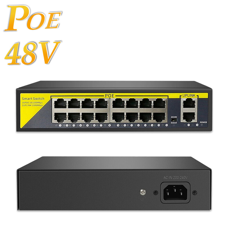 HAMROL بو التبديل 16CH 2 منافذ الإرسال إيثرنت + 16 منافذ بو IEEE802.3af POE48V للكاميرا IP NVR/نقطة وصول لاسلكية/نظام الأمن CCTV