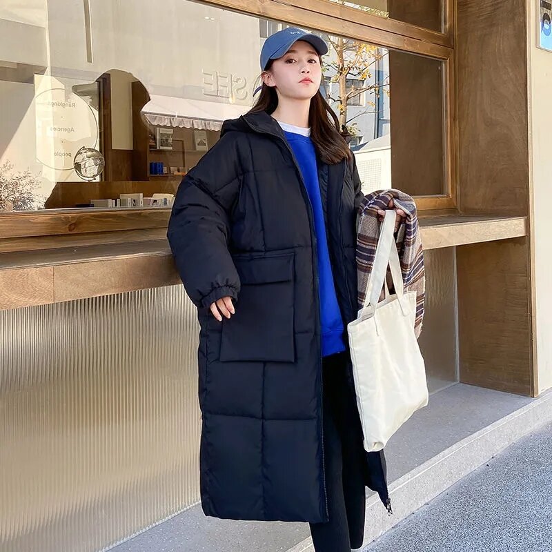 Jaket panjang katun wanita, pakaian luar ruangan kantor tebal bertudung modis musim dingin 2023