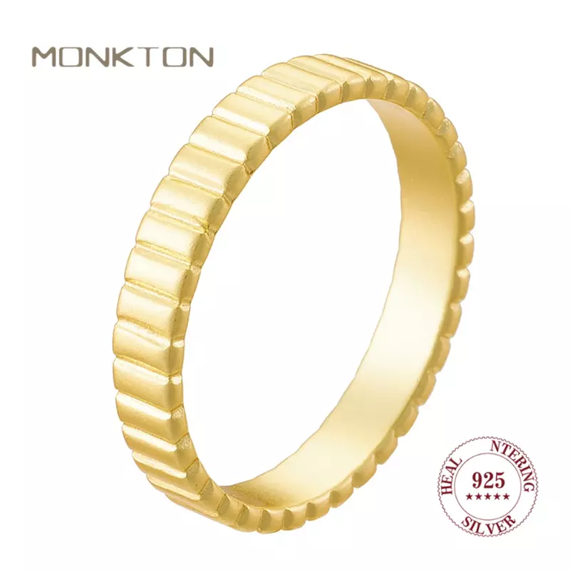 Monkton Real S925 Sterling Silver 18K placcato oro incisione striscia Texture anelli larghi per le donne anelli di fidanzamento di nozze di lusso
