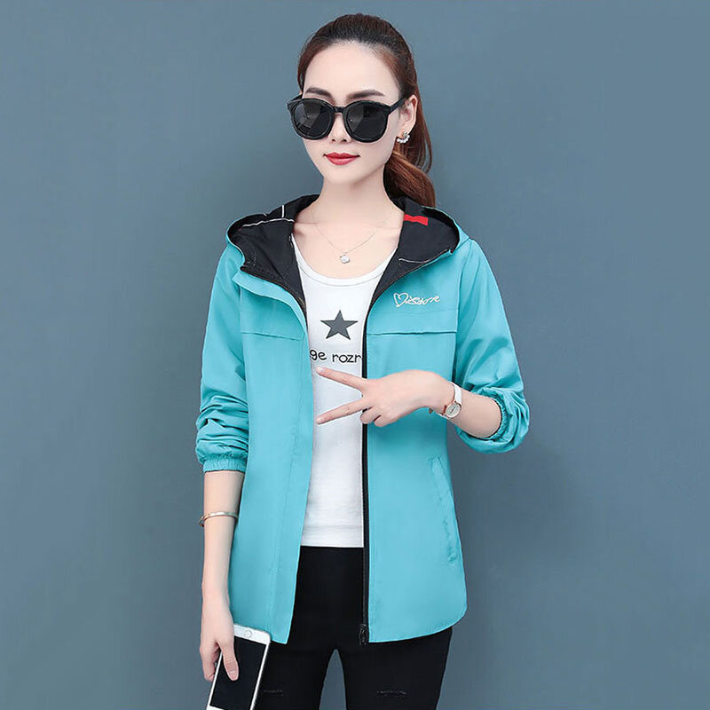 Spring And Autumn Double-sided Pocket Jacket Women's New Printed Cartoon Long-sleeved Hooded Loose All-match Casual Short Top